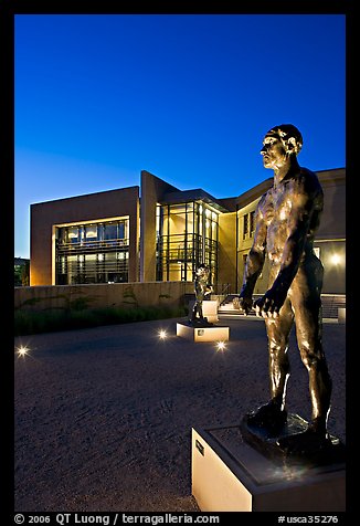 Rodin sculpture and Cantor Museum at night. Stanford University, California, USA