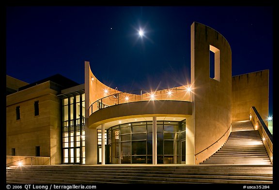 Iris and  Gerald Cantor Center for Visual Arts at night with moon. Stanford University, California, USA (color)