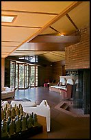 Living room and fireplace, Hanna House. Stanford University, California, USA