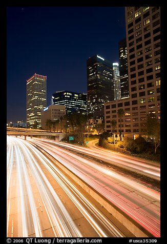 Harbor Freeway and skyline at nightfall. Los Angeles, California, USA