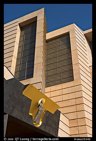 Madonna sculpture above main entrance of Cathedral of our Lady of the Angels. Los Angeles, California, USA (color)