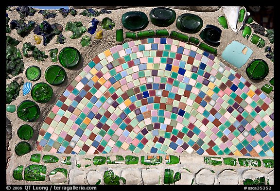 Close up showing green 7-up bottles used in the Watt Towers. Watts, Los Angeles, California, USA