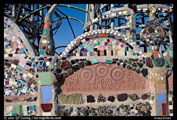 Detail of Watts Towers, built over the course of 33 years by Simon Rodia. Watts, Los Angeles, California, USA (color)