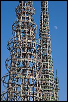 Watts towers and moon. Watts, Los Angeles, California, USA (color)