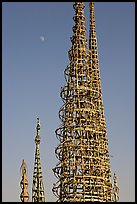 Simon Rodia Watts Towers and moon, late afternoon. Watts, Los Angeles, California, USA (color)