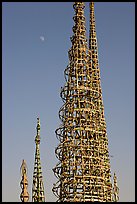 Simon Rodia Watts Towers and moon, late afternoon. Watts, Los Angeles, California, USA