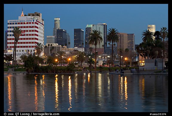 Mc Arthur Park and skyline, dusk. Los Angeles, California, USA