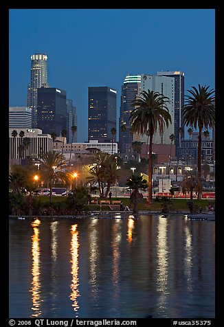 Skyline reflected in a lake in Mc Arthur Park. Los Angeles, California, USA