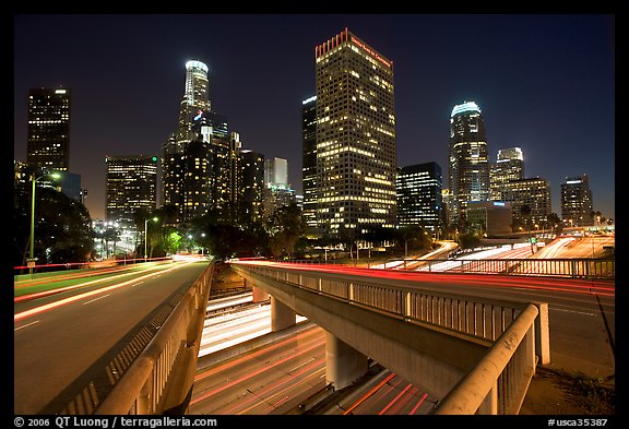 Bridge, Harbor Freeway, and skyline at night. Los Angeles, California, USA