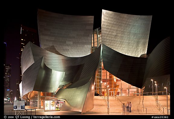 Entrance of the Walt Disney Concert Hall at night. Los Angeles, California, USA