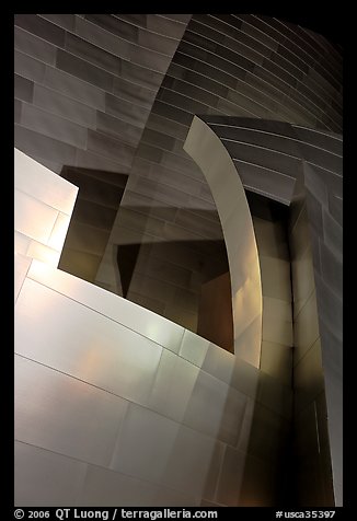 Steel curves of the Walt Disney Concert Hall at night. Los Angeles, California, USA