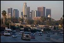 Traffic on freeway and skyline, early morning. Los Angeles, California, USA