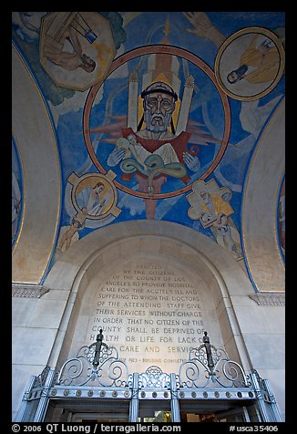 Fresco and dedication in the lobby of the Los Angeles County Hospital. Los Angeles, California, USA