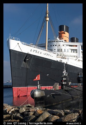 Queen Mary and Scorpion submarine. Long Beach, Los Angeles, California, USA (color)