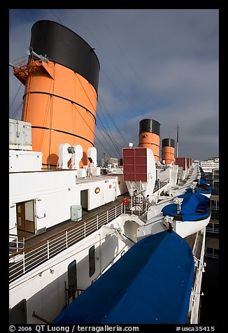 Smokestacks and liferafts, Queen Mary. Long Beach, Los Angeles, California, USA