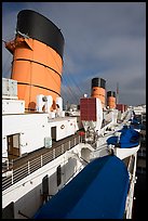 Smokestacks and liferafts, Queen Mary. Long Beach, Los Angeles, California, USA