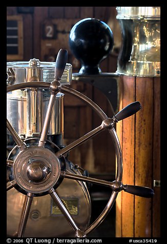 Boat stirring wheel, Queen Mary. Long Beach, Los Angeles, California, USA (color)