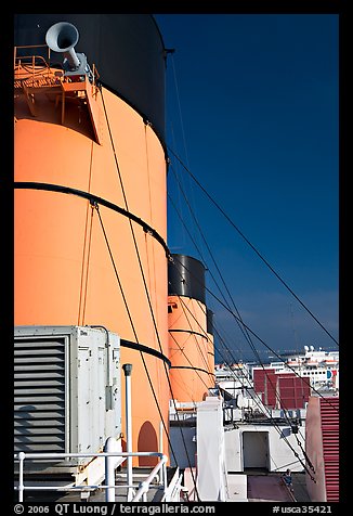 Smokestacks and air vents, Queen Mary. Long Beach, Los Angeles, California, USA (color)