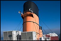 Chimneys and air input grids on the Queen Mary liner. Long Beach, Los Angeles, California, USA ( color)
