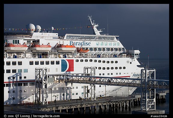 Cruise ship being boarded. Long Beach, Los Angeles, California, USA (color)