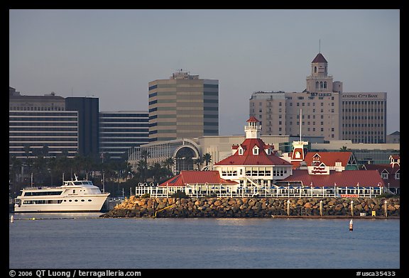 Parkers Lighthouse and skyline. Long Beach, Los Angeles, California, USA (color)