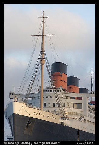 Queen Mary ship at sunset. Long Beach, Los Angeles, California, USA (color)
