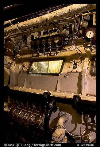 Instruments in the boiler room of the Queen Mary. Long Beach, Los Angeles, California, USA