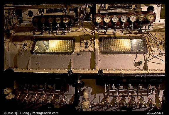 Machinery in the engine room of the Queen Mary. Long Beach, Los Angeles, California, USA