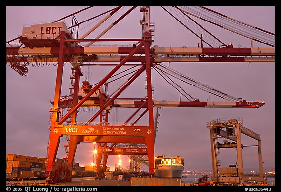 Cranes, Port of Los Angeles, sunset. Long Beach, Los Angeles, California, USA