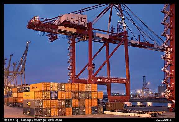 Countainers and cranes, Port of Los Angeles, dusk. Long Beach, Los Angeles, California, USA