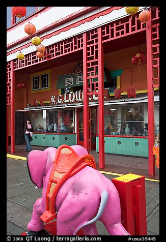 Pink toy elephant and storefront, Chinatown. Los Angeles, California, USA (color)