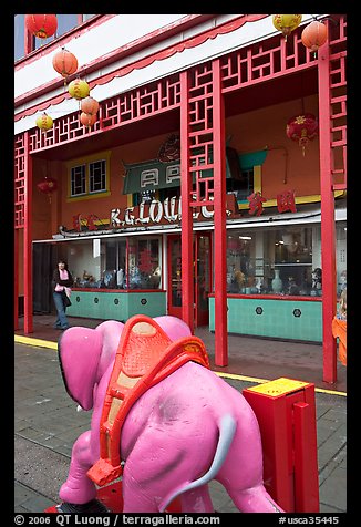 Pink toy elephant and storefront, Chinatown. Los Angeles, California, USA