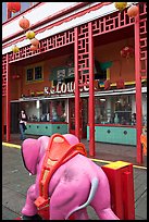 Pink toy elephant and storefront, Chinatown. Los Angeles, California, USA (color)