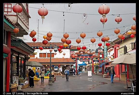 Lanterns and pedestrian street in rainy weather,  Chinatown. Los Angeles, California, USA