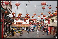 Lanterns and pedestrian street in rainy weather,  Chinatown. Los Angeles, California, USA