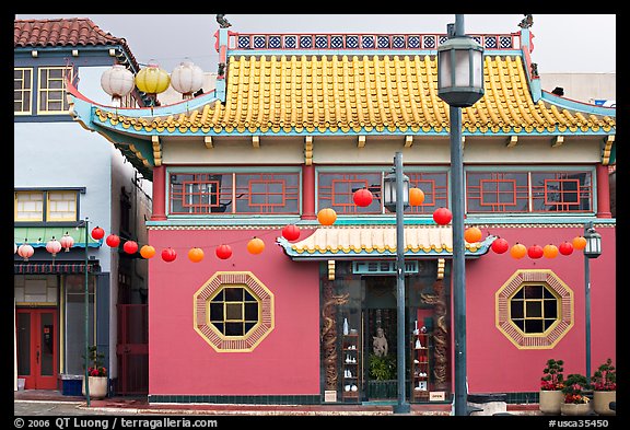 Building in Chinese style, Chinatown. Los Angeles, California, USA (color)