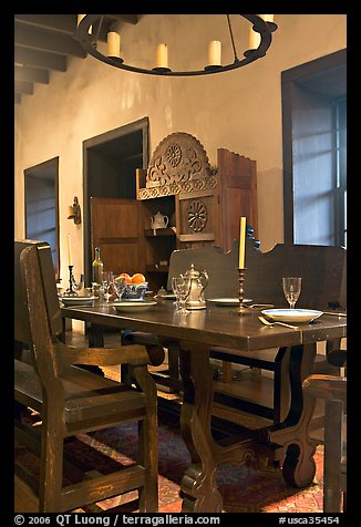 Room furnished in heavy oak in the Avila Adobe. Los Angeles, California, USA