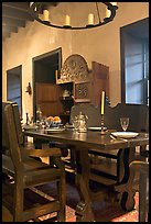 Room furnished in heavy oak in the Avila Adobe. Los Angeles, California, USA (color)