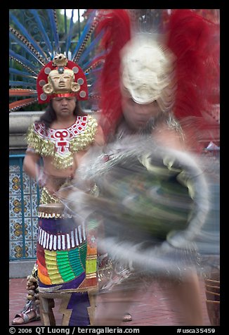 Aztec dancers in motion. Los Angeles, California, USA