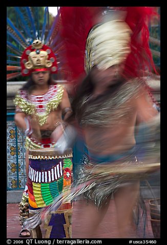 Aztec dancers with motion blur. Los Angeles, California, USA