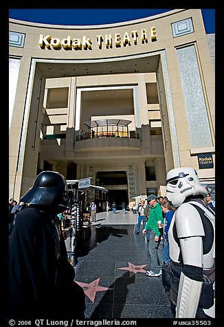 People dressed as Star Wars characters in front of the Kodak Theater, home of the Academy Awards. Hollywood, Los Angeles, California, USA (color)