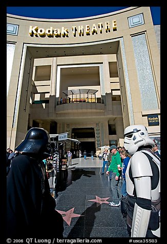 People dressed as Star Wars characters in front of the Kodak Theater, home of the Academy Awards. Hollywood, Los Angeles, California, USA (color)