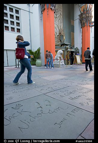 Footprints and handprints of Jack Nicholson in the Grauman theatre forecourt. Hollywood, Los Angeles, California, USA (color)