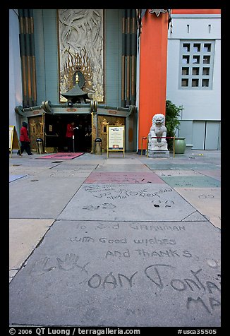 Handprints and footprints of actors and actresses in cement, Grauman theater forecourt. Hollywood, Los Angeles, California, USA