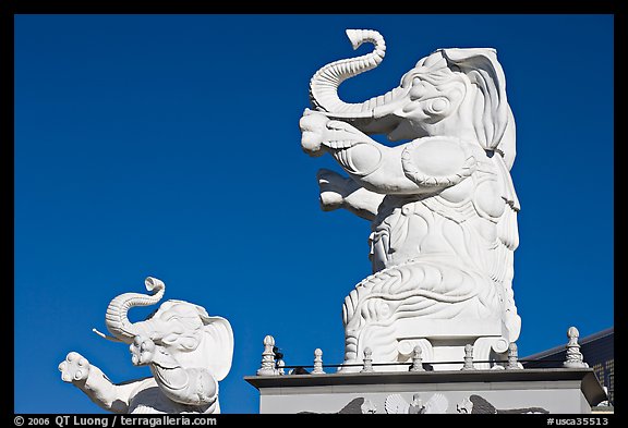 White elephants inspired by  the set of the Griffith movie Intolerance. Hollywood, Los Angeles, California, USA (color)