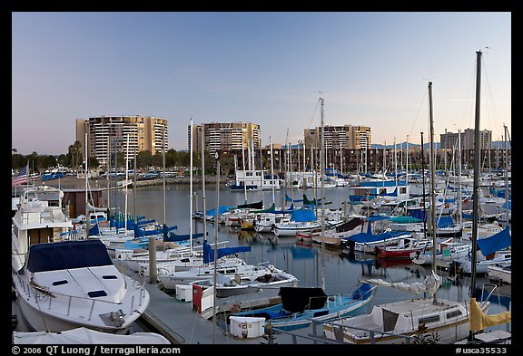Yachts and appartment buildings at sunrise. Marina Del Rey, Los Angeles, California, USA
