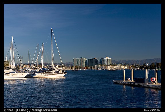 Yachts, marina, and hills, early morning. Marina Del Rey, Los Angeles, California, USA (color)