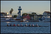 Women Rowers and lighthouse, early morning. Marina Del Rey, Los Angeles, California, USA (color)