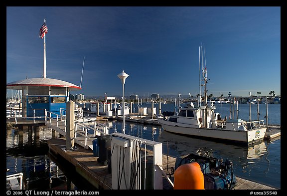 Fishing boat and harbor gas station. Marina Del Rey, Los Angeles, California, USA (color)