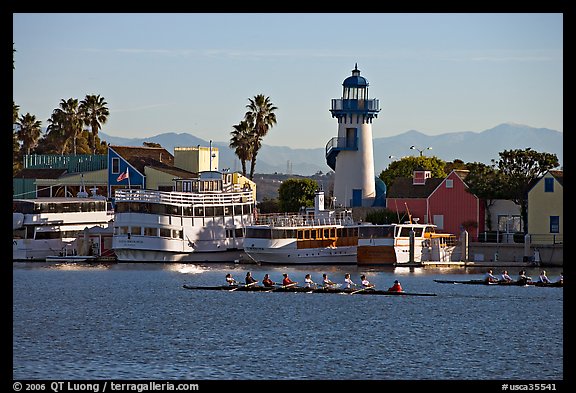 Rowers and fishing village, morning. Marina Del Rey, Los Angeles, California, USA